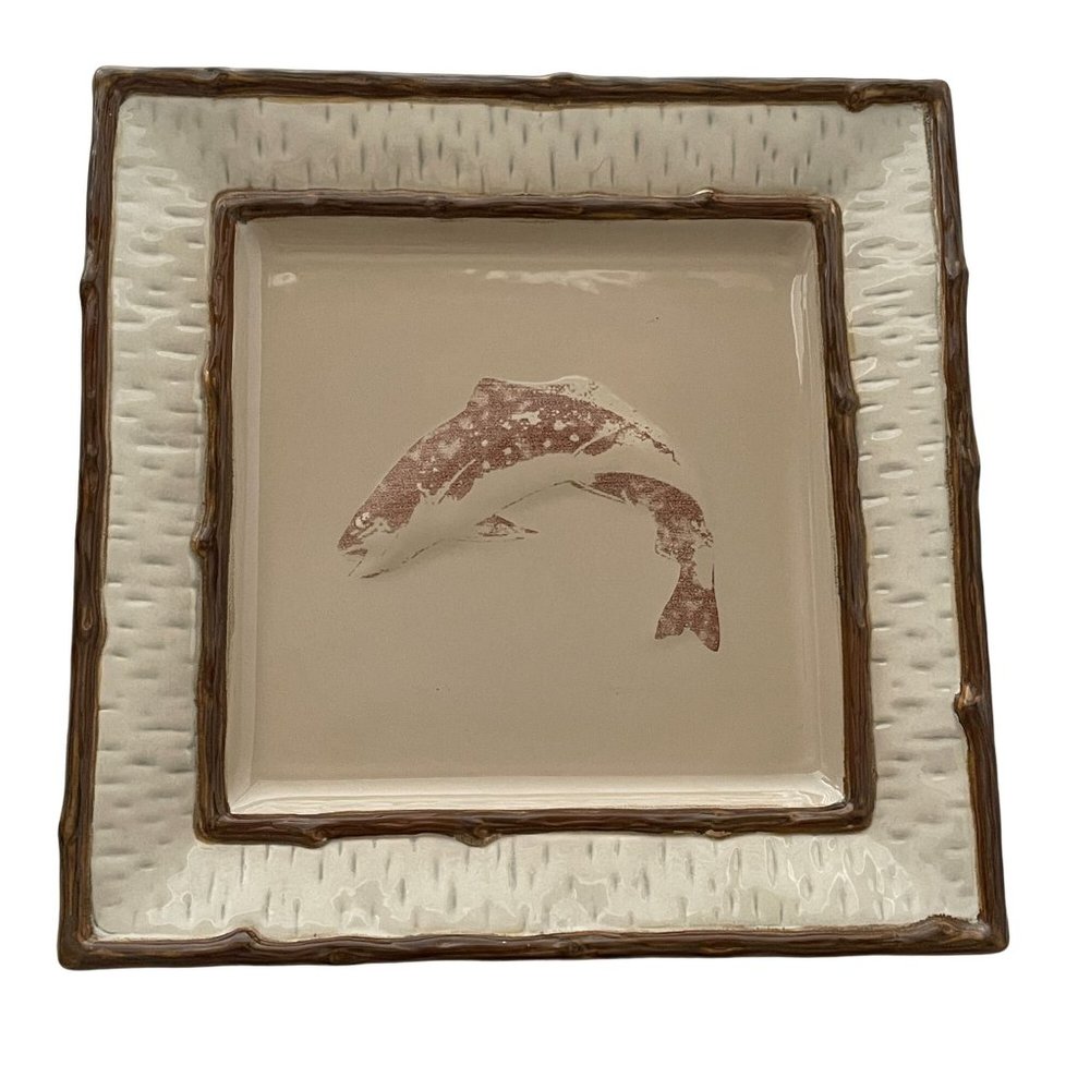 Homestudio Lake‎ Cabin Dinner Plate Square Fish Rustic Embossed Stoneware 11"